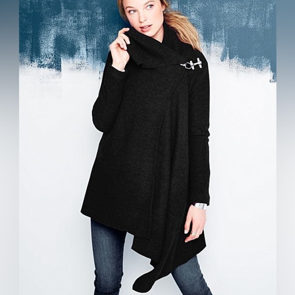Garnet Hill Boiled Wool Asymmetrical Black Jacket Coat minimal luxury